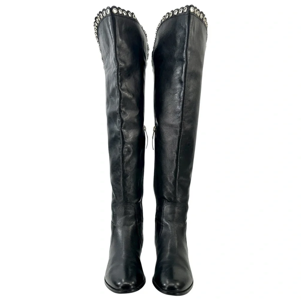 LK Bennett Black Leather Grommet Detail Over the Knee Flat Tall Riding Boots